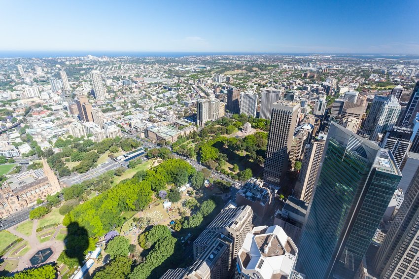 Sydney Australia A clear sunny day in Sydney, looking east towards Hyde Park.